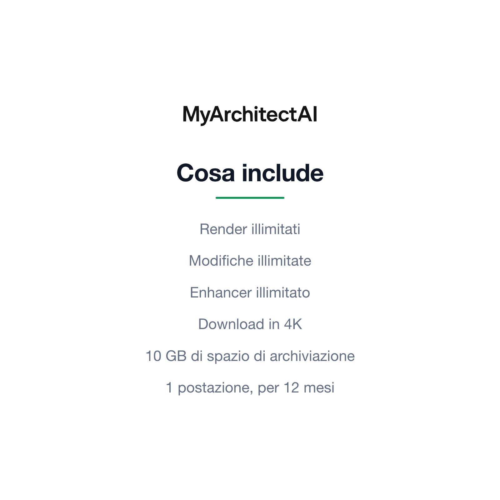 Cosa include MyArchitectAI Starter: render illimitati, 4K, 10 GB, 1 postazione, 12 mesi