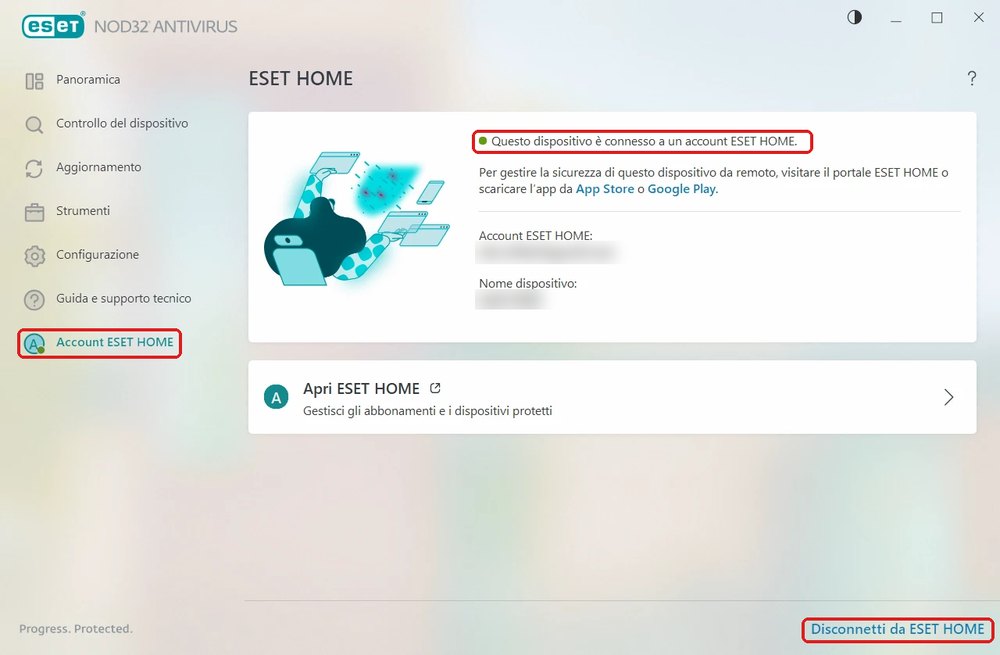 ESET: la voce Account ESET HOME, la scritta Questo dispositivo è connesso a un account ESET HOME e il link Disconnetti da ESET HOME, evidenziati in rosso