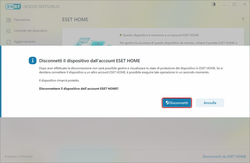 Finestra Disconnetti il dispositivo dall'account ESET HOME con il pulsante Disconnetti evidenziato in rosso