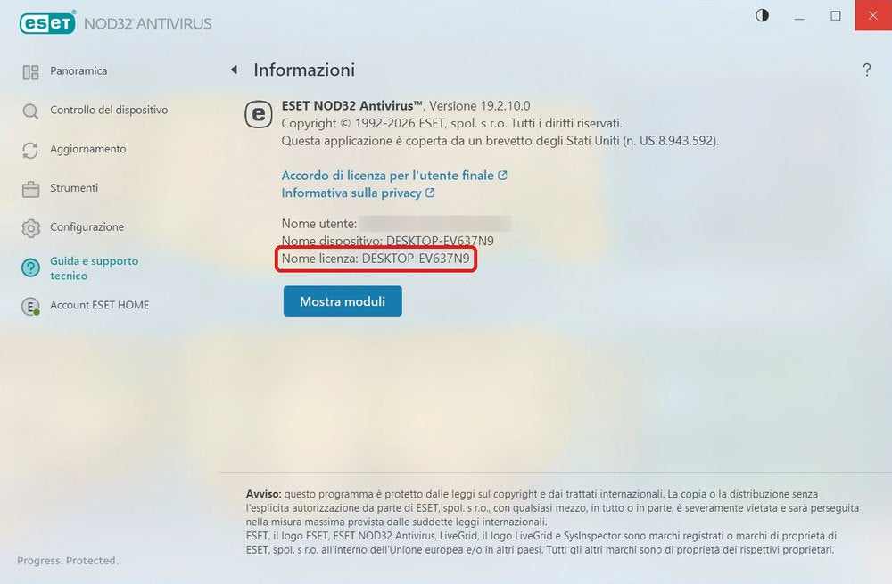 Finestra Informazioni di ESET su Windows: la riga Nome licenza è evidenziata in rosso
