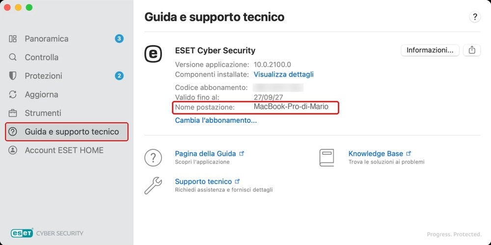 ESET su Mac: la voce Guida e supporto tecnico e la riga Nome postazione, evidenziate in rosso