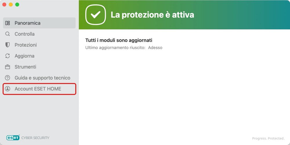 ESET su Mac: la voce Account ESET HOME nel menu a sinistra, evidenziata in rosso